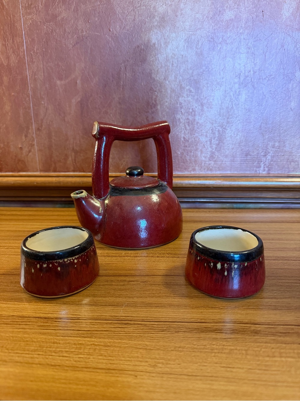 VTG Pier 1 Imports Shanghai Tea Set Teapot 2 Cups Red Earthenware Asian Style